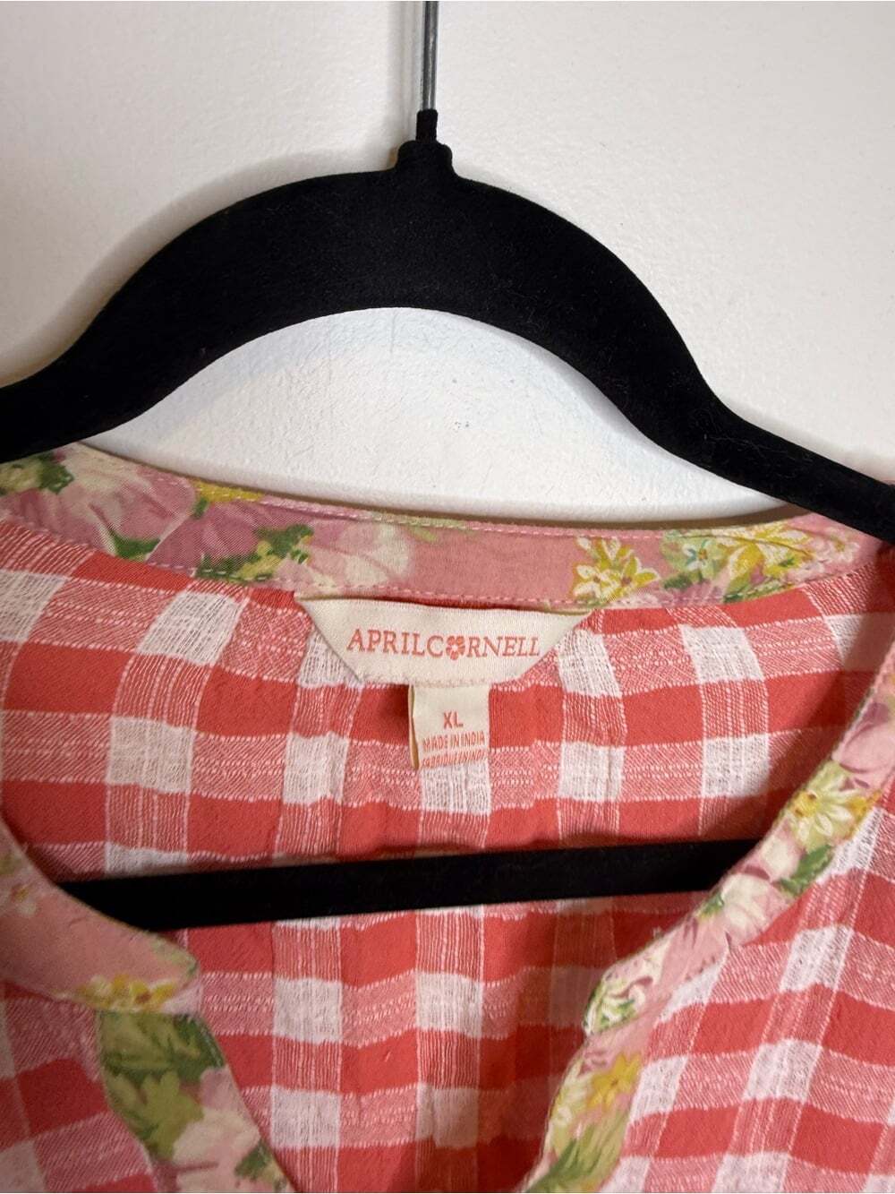 April Cornell Coral and White Gingham Peasant Top with Floral Trim size XL - Picture 5 of 7
